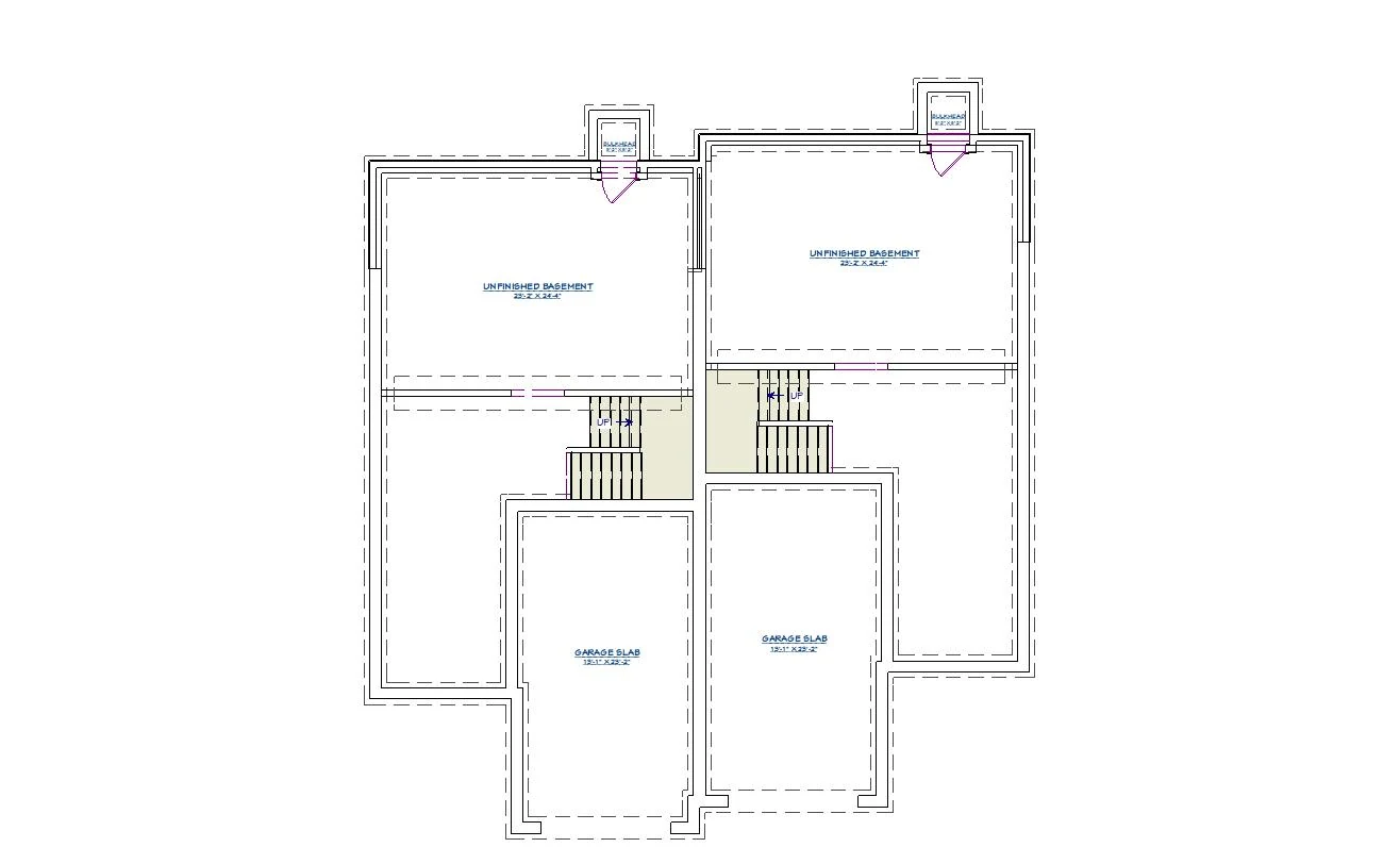 Basement plan showing unfinished basement areas beneath both duplex residences