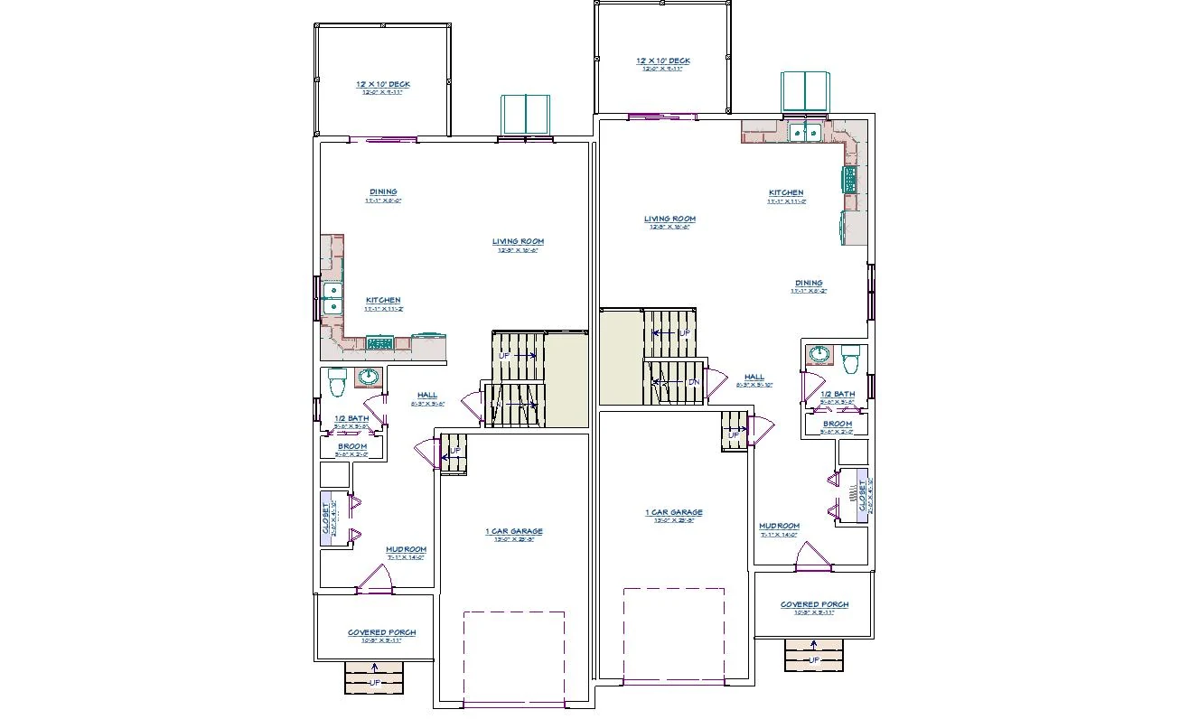 First-floor plan showing both duplex residences, with kitchens, dining and living rooms, half bathrooms, mudrooms, garages, porches, and decks