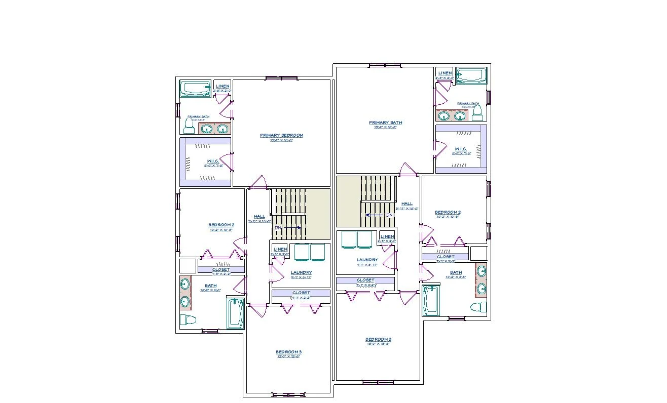 Second-floor plan showing three bedrooms, two full bathrooms, walk-in closet, and laundry in each residence