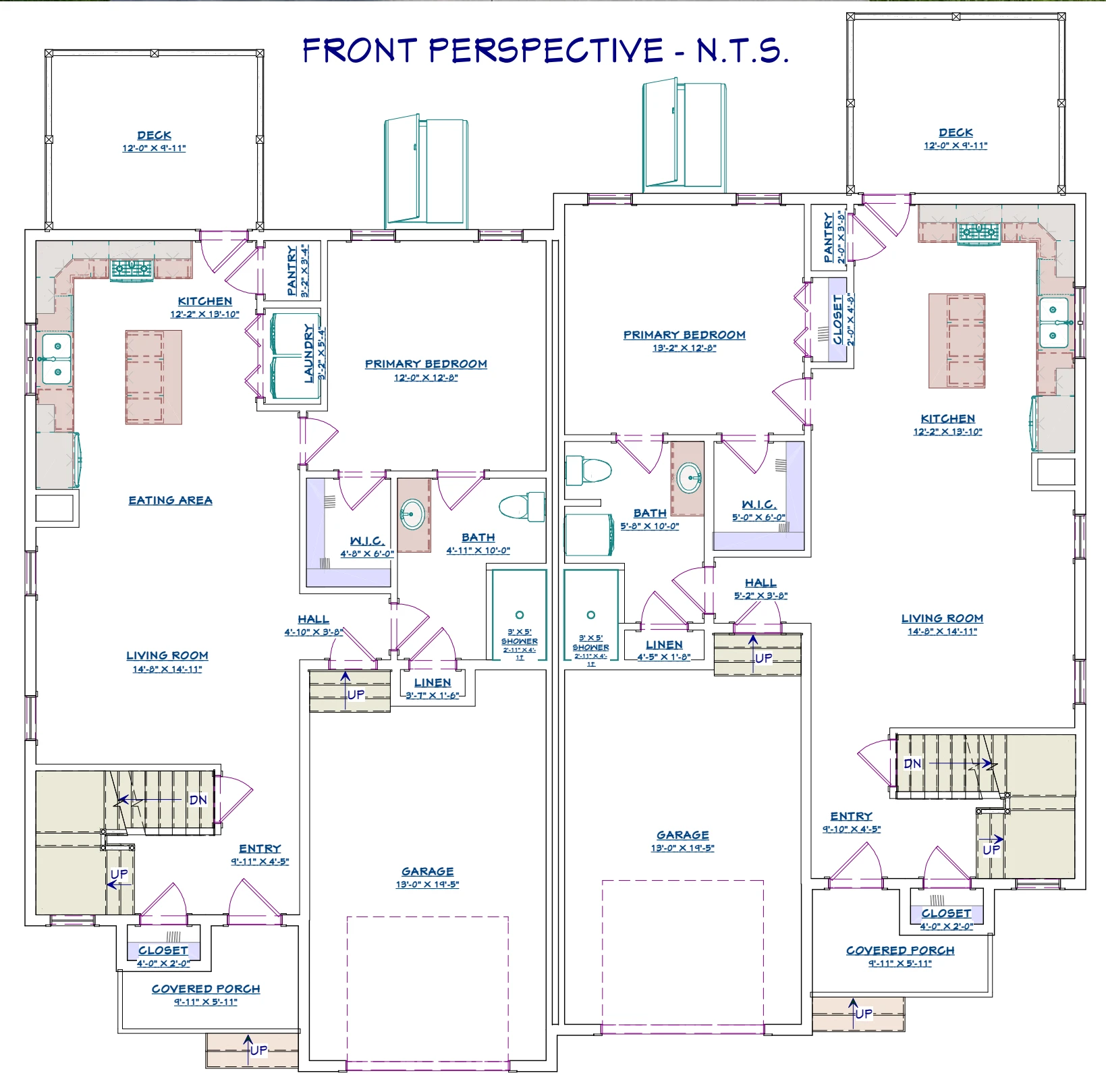 Both paired layouts show a primary bedroom, walk-in closet, full bathroom, kitchen, living area, one-car garage, covered porch, and rear deck on the first floor.