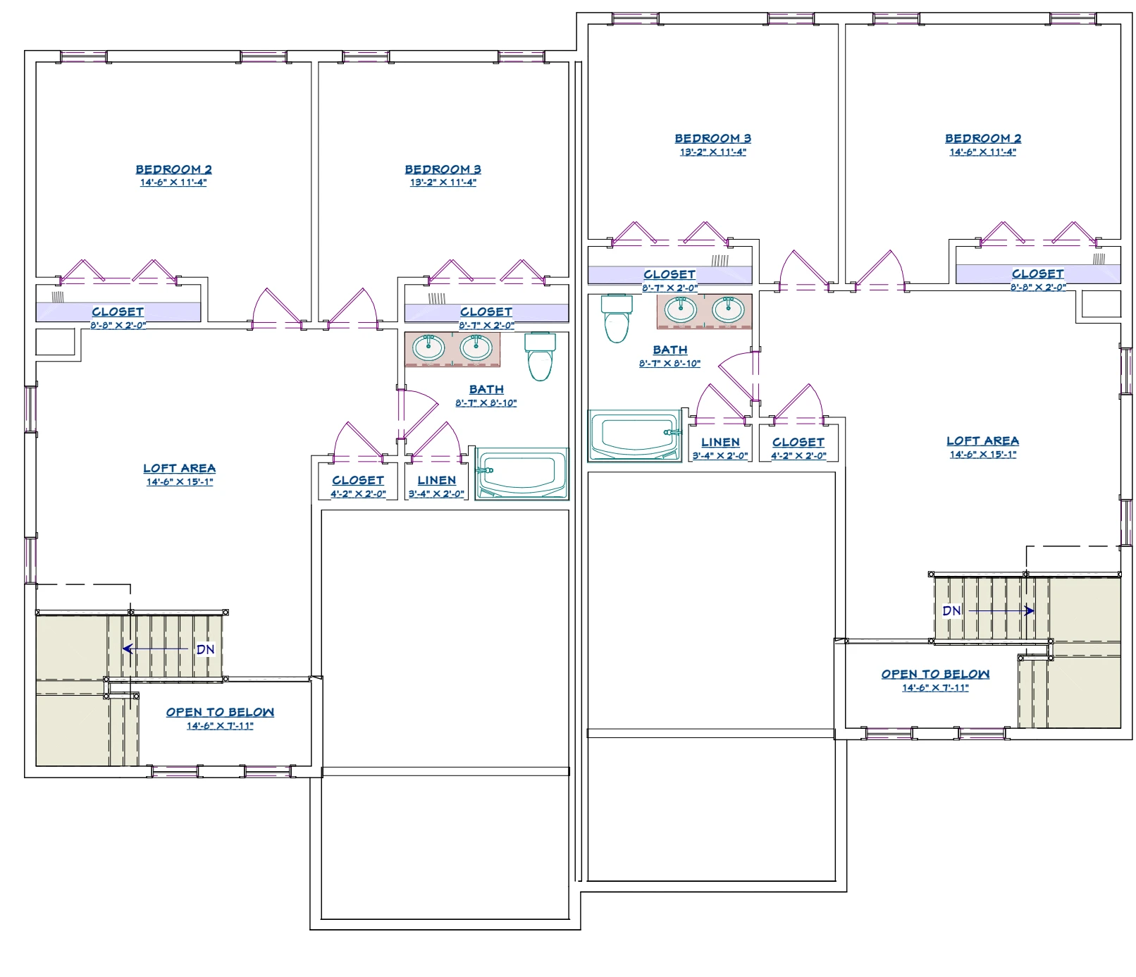 Both paired layouts show two additional bedrooms, a full bathroom, and a loft with an open-to-below area upstairs.