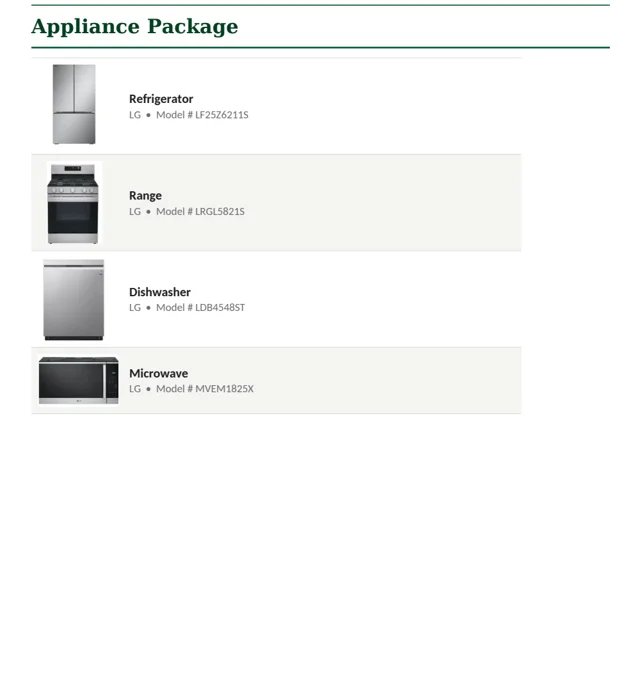 Selection booklet page showing appliance package