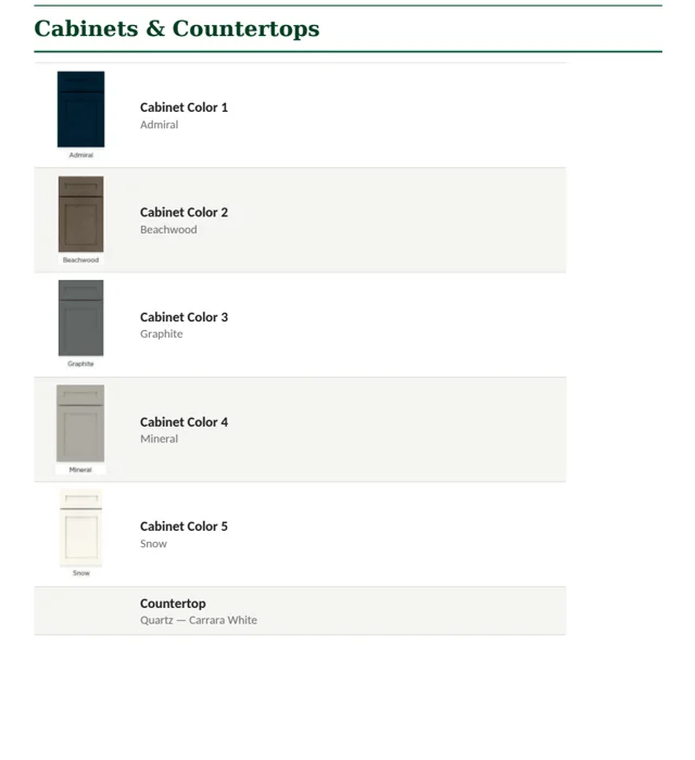 Selection booklet page showing cabinets & countertops