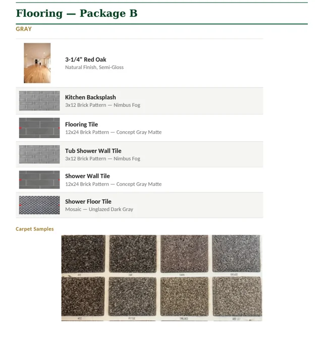 Selection booklet page showing flooring · package b
