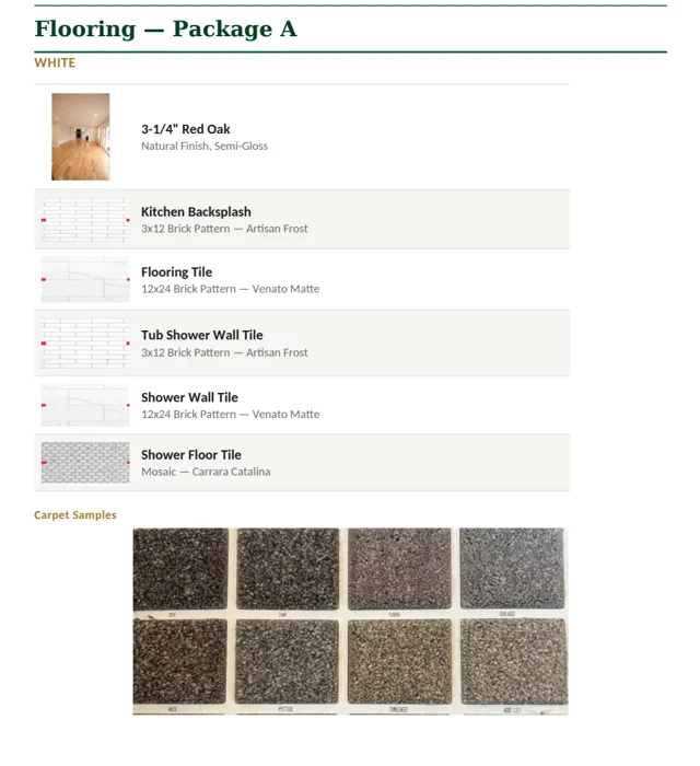 Selection booklet page showing flooring · package a