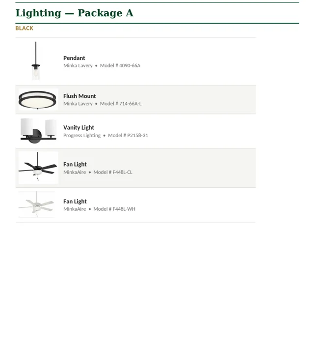 Selection booklet page showing lighting packages