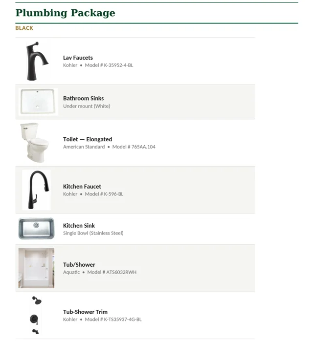 Selection booklet page showing plumbing fixtures