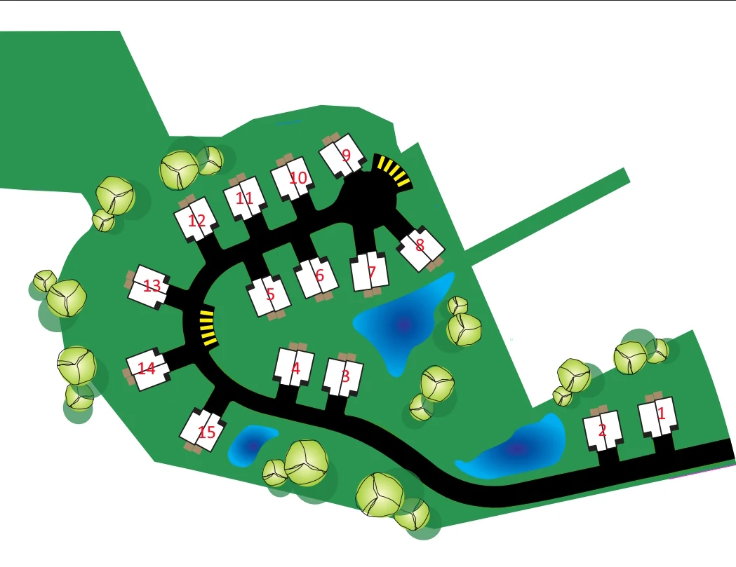 Concept site plan showing duplex buildings numbered 1 through 15 along the Heritage Village road